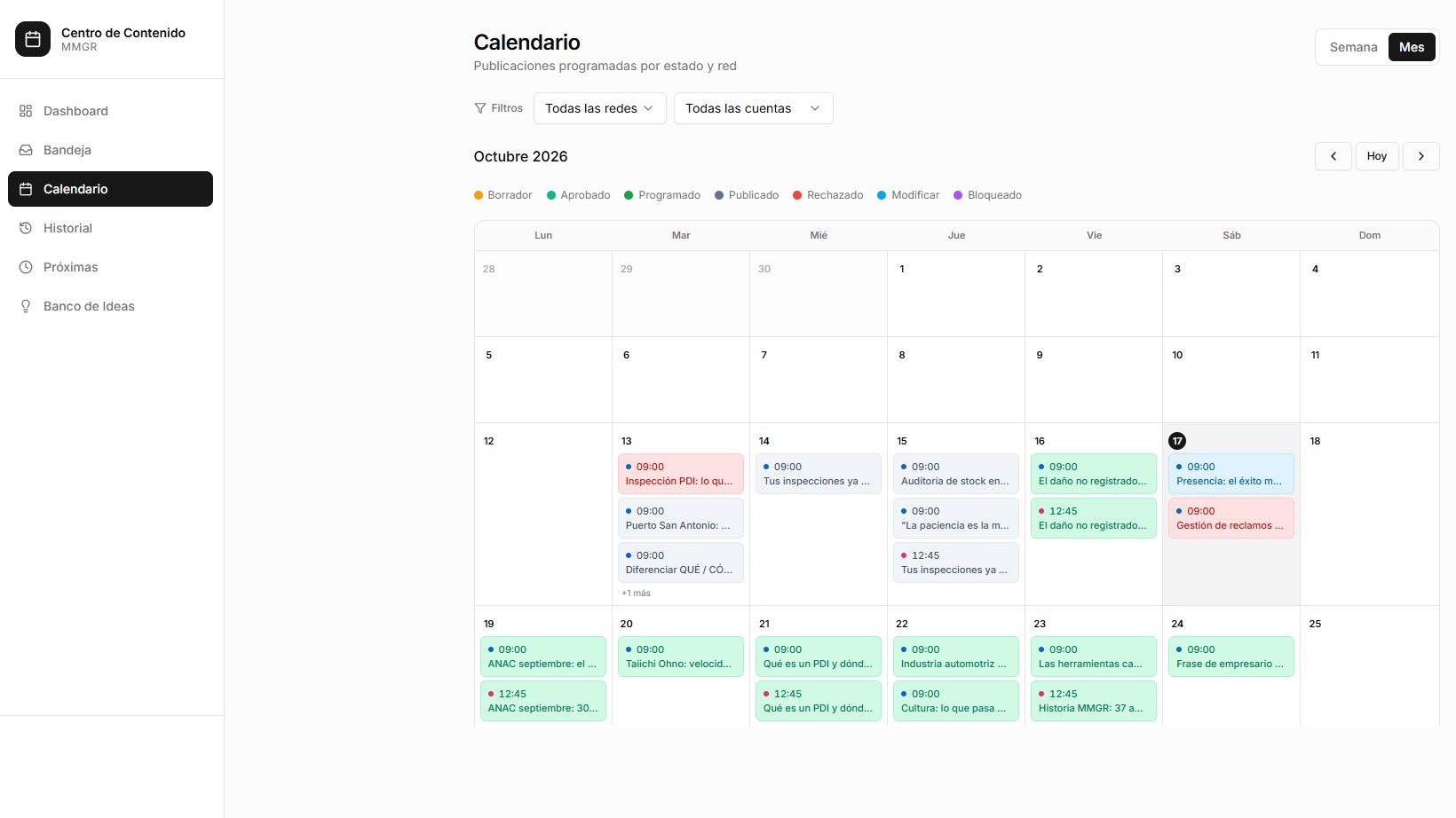 Calendario del centro de contenido de MMGR